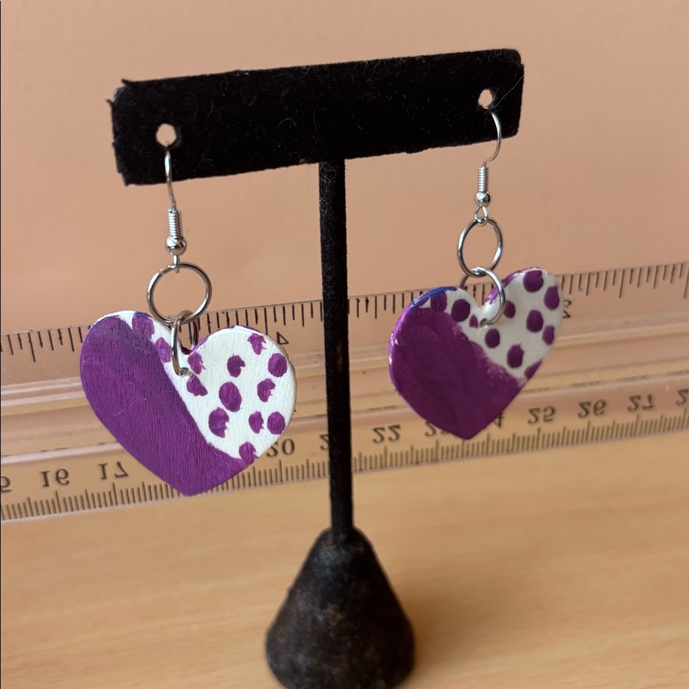 Purple and White Heart Drop Earrings with Polka Dot Accent